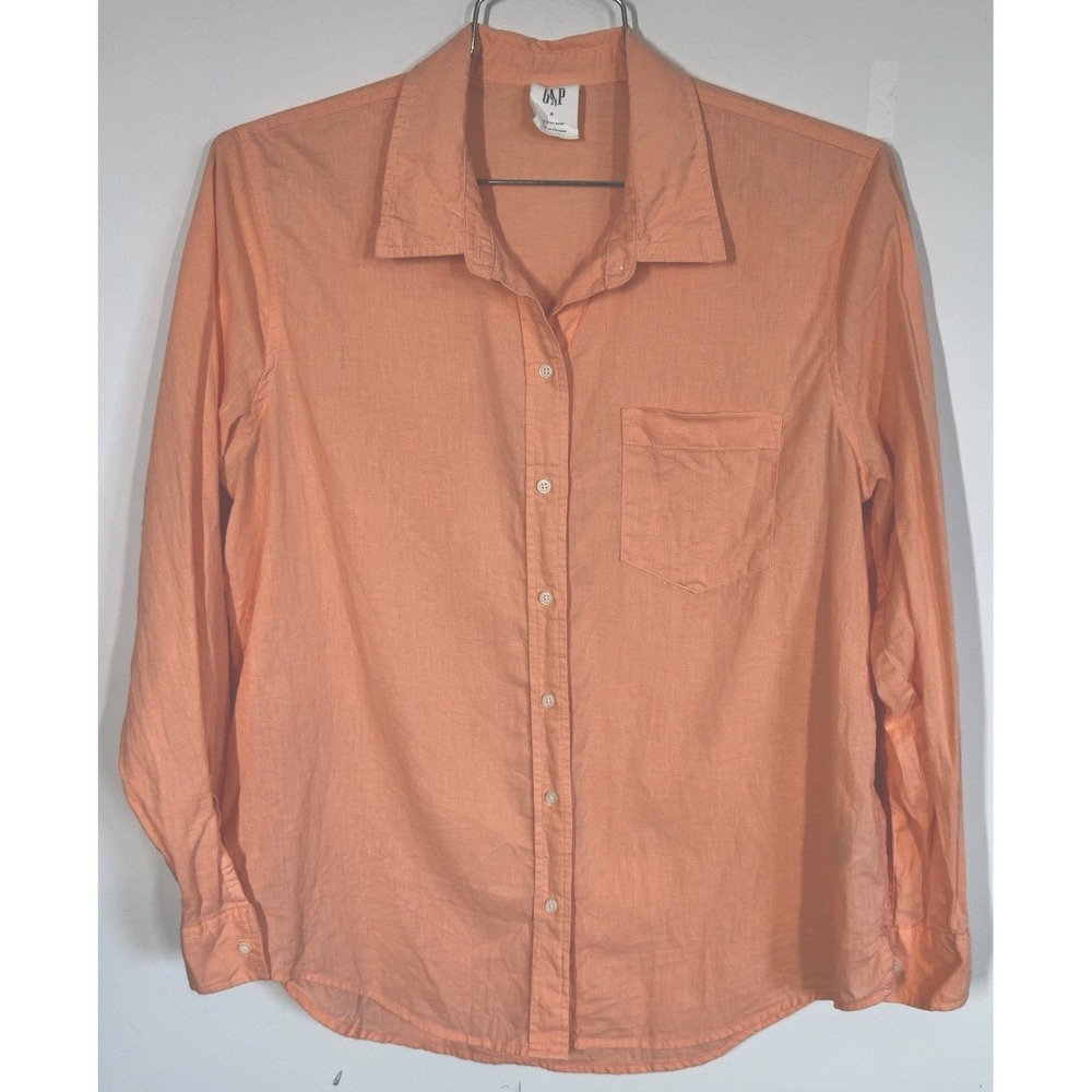 Gap Easy Shirt Orange Linen Blend Long Sleeve Button Up Shirt Women's M‎ Coastal